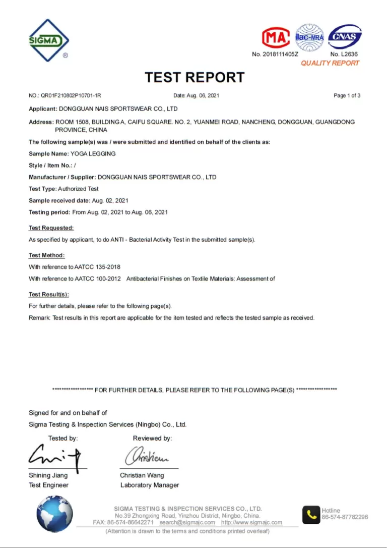 Custom pants of ANT-Bacterial Activity test report