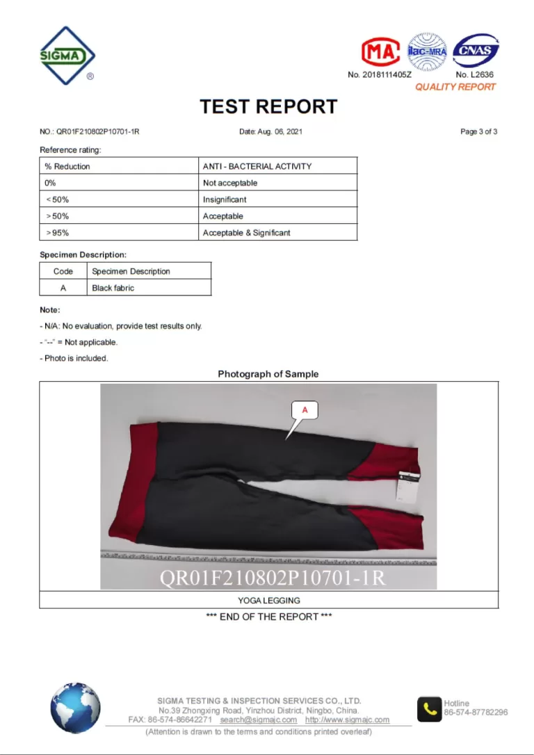 Custom pants of ANT-Bacterial Activity test report