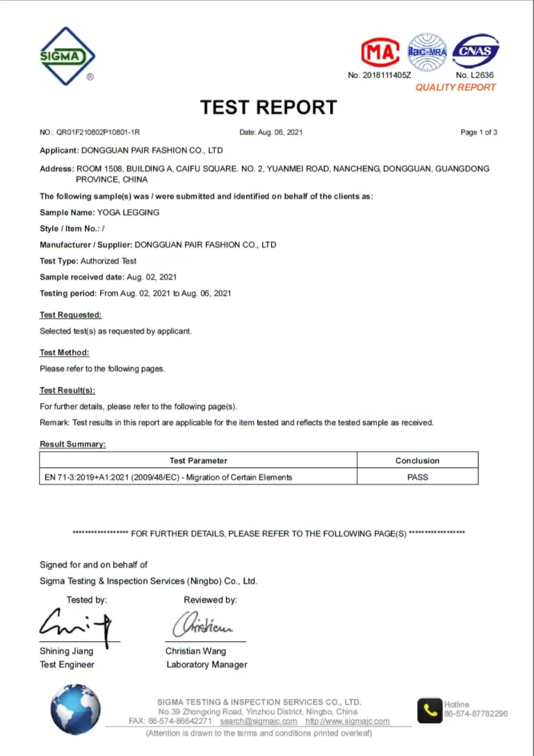 Custom sportswear of heavy metal content test report