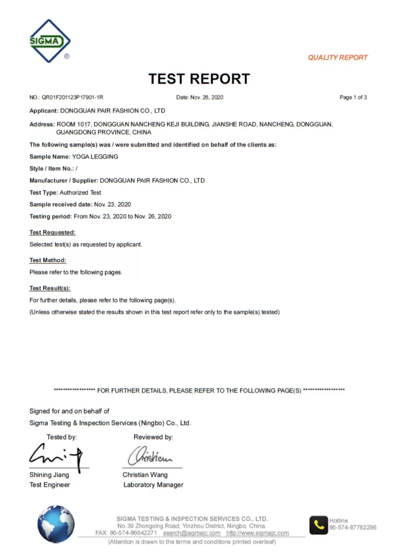 Custom yoga leggings of allergenic dyes test report