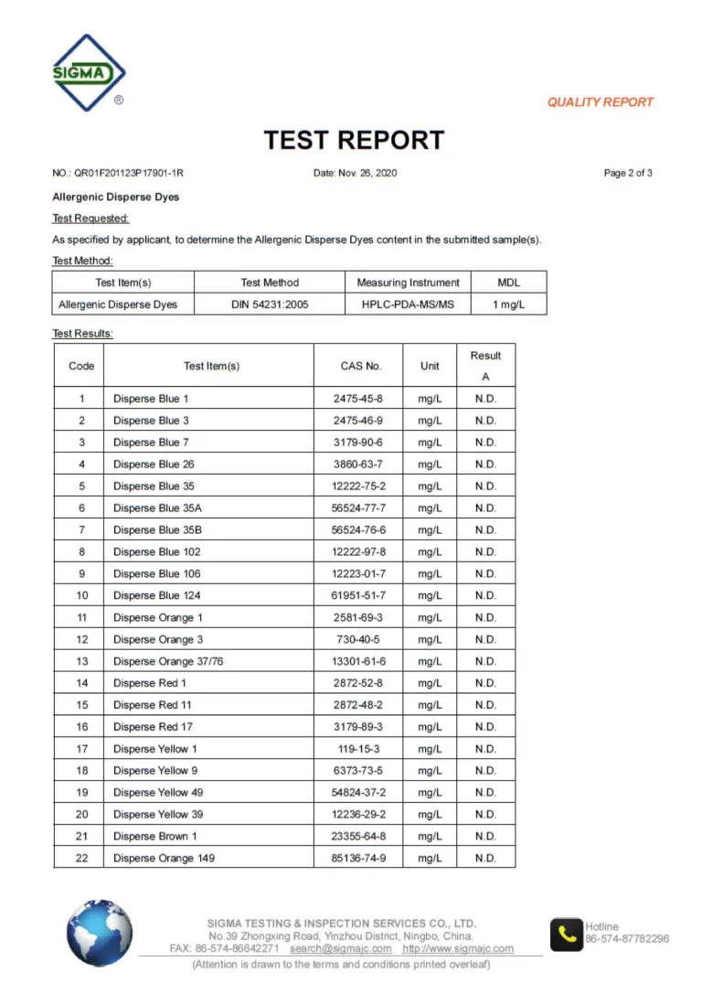 Custom yoga leggings of allergenic dyes test report