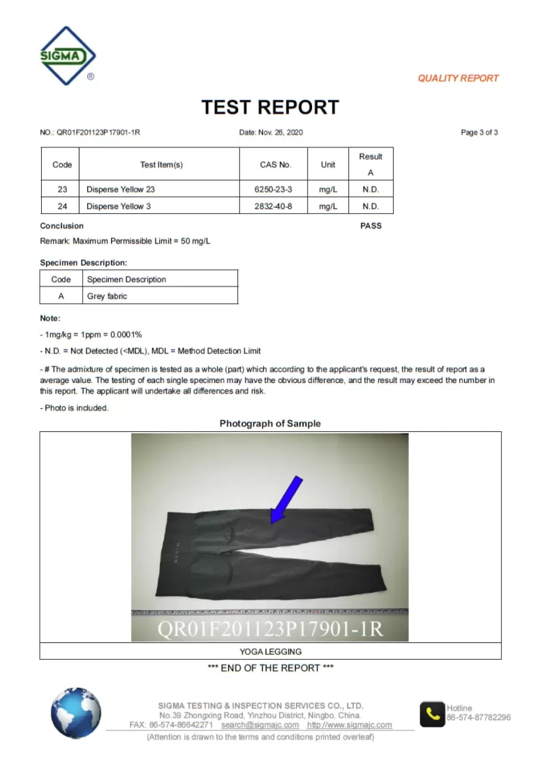 Custom yoga leggings of allergenic dyes test report
