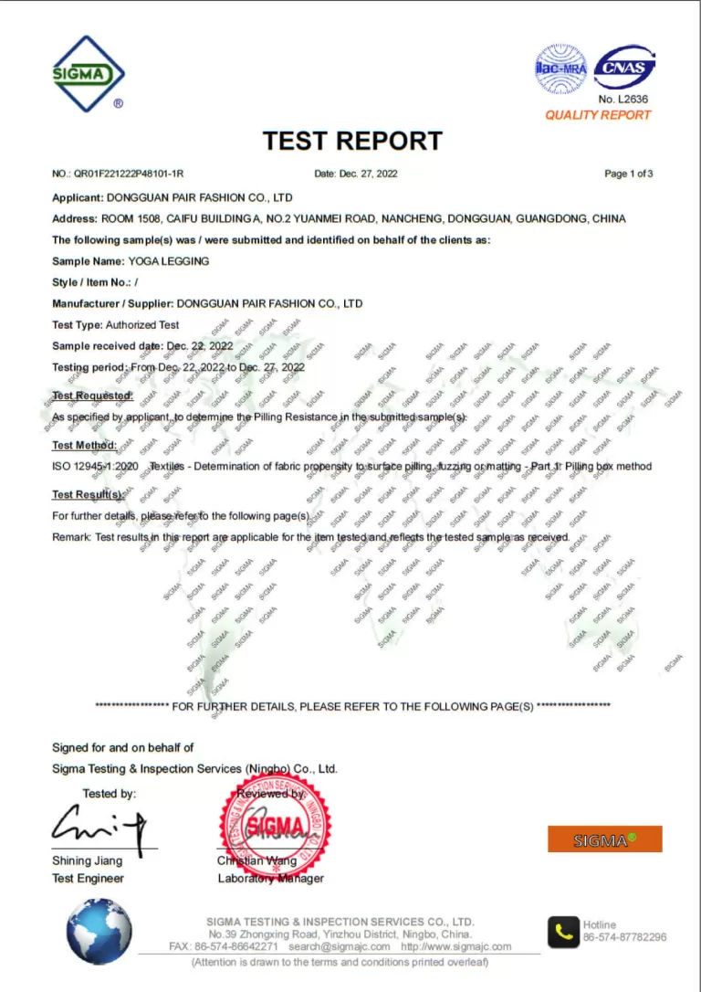 Propensity to surface pilling, fuzzing or matting test report for pants fabric