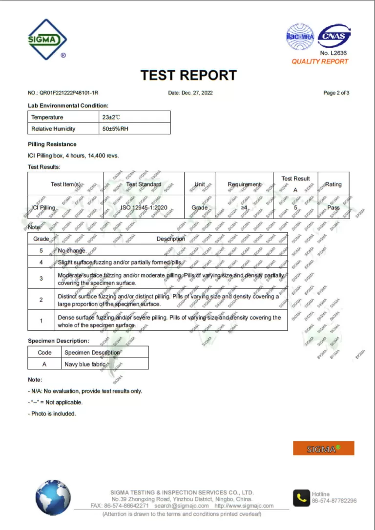 Propensity to surface pilling, fuzzing or matting test report for pants fabric