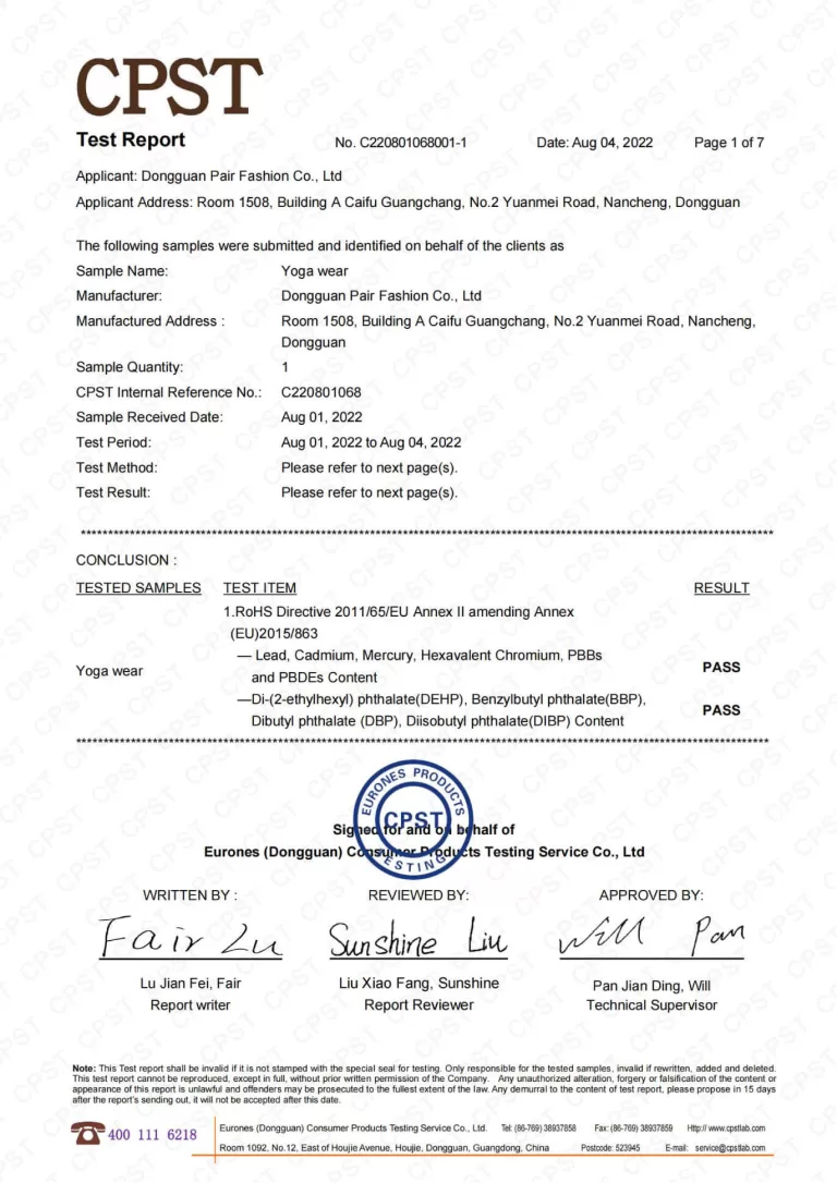 Routine testing report for custom yoga wear