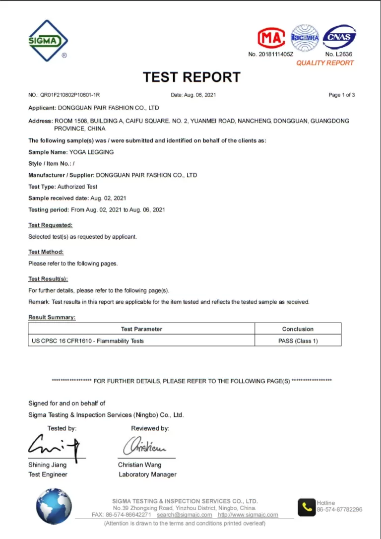 Wholesale yoga pants of flammability test report