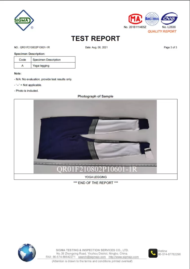Wholesale yoga pants of flammability test report
